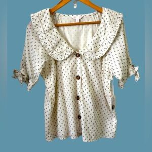 Lauren Conrad NWT crm w nvy dot ruff peter pan collar w lnd blse w tie slvs SZ M